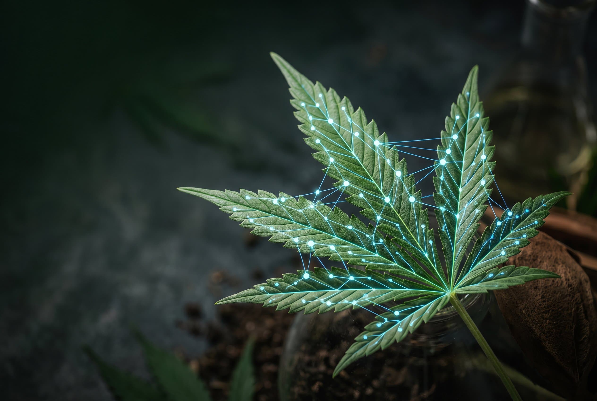 Cannabis plant with molecular structure overlay showing endocannabinoid system receptors and neural connections