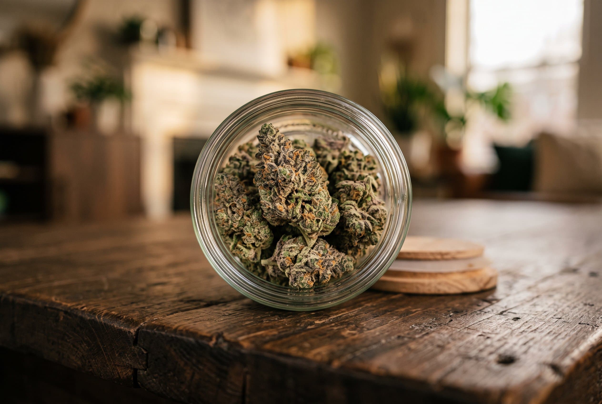 Cannabis microdosing guide showing small cannabis buds and measuring tools on wooden surface
