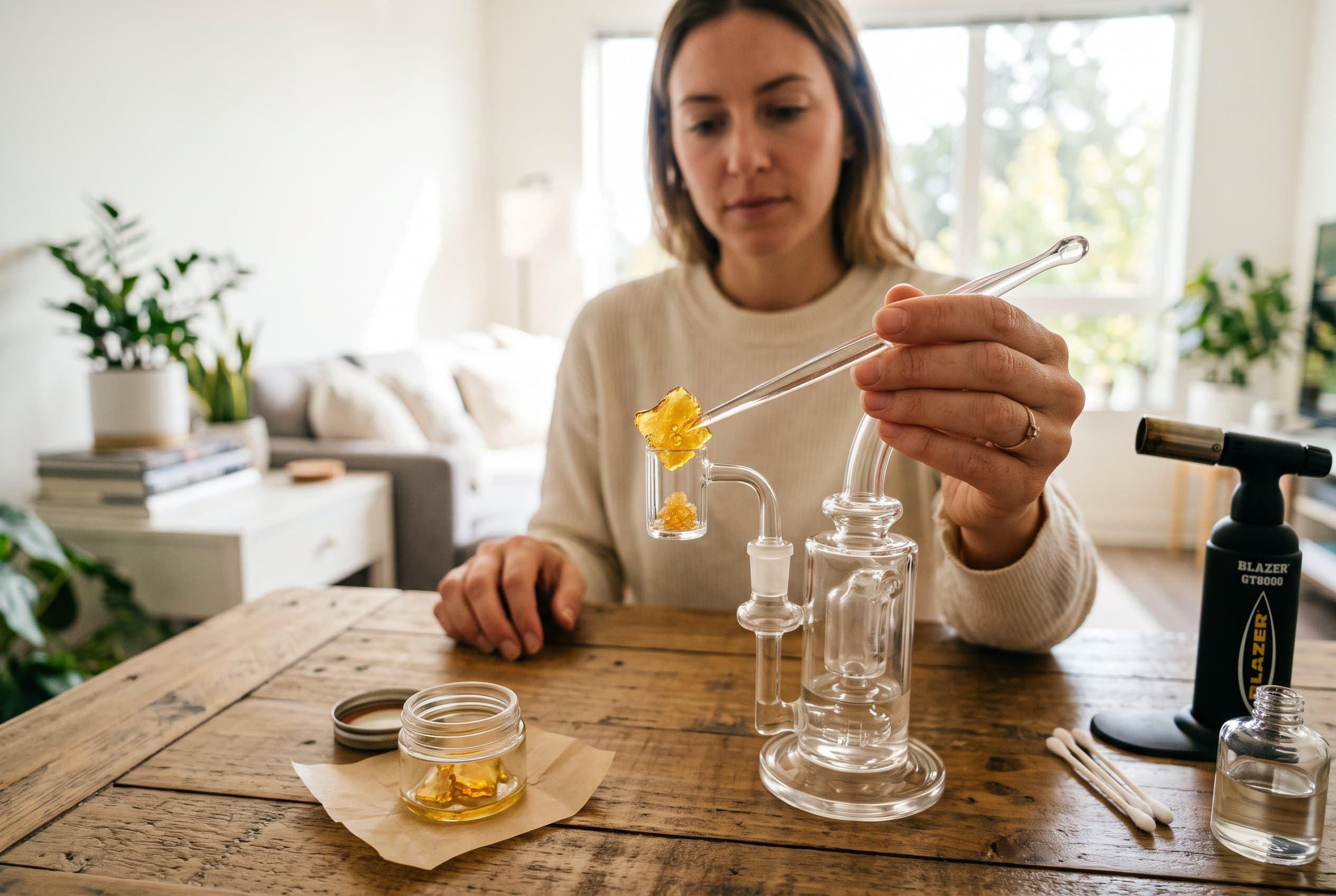 Cannabis dab rig setup for concentrates with torch and dabbing tool on wooden surface