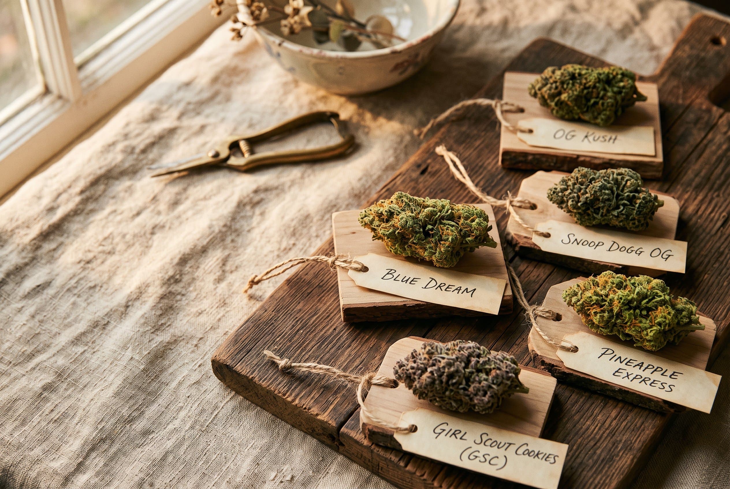 Colorful arrangement of the most popular cannabis strains 2026 displaying different flower buds