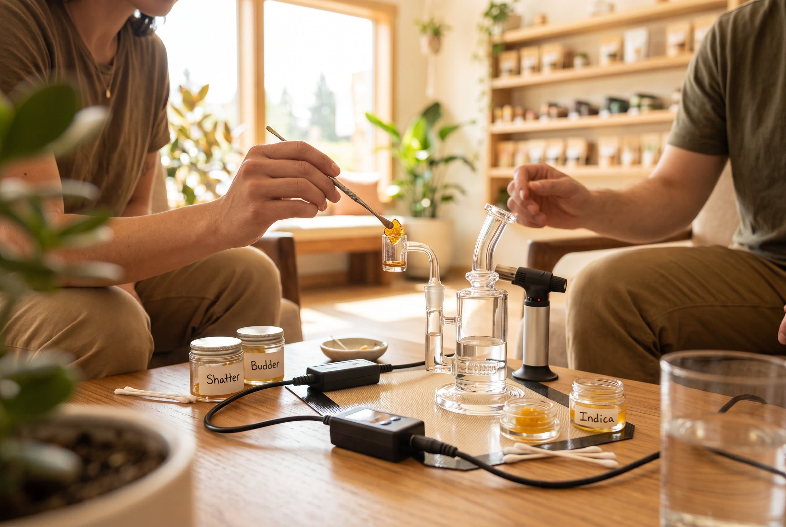 Assorted cannabis concentrates for beginners displayed in glass containers on dark surface