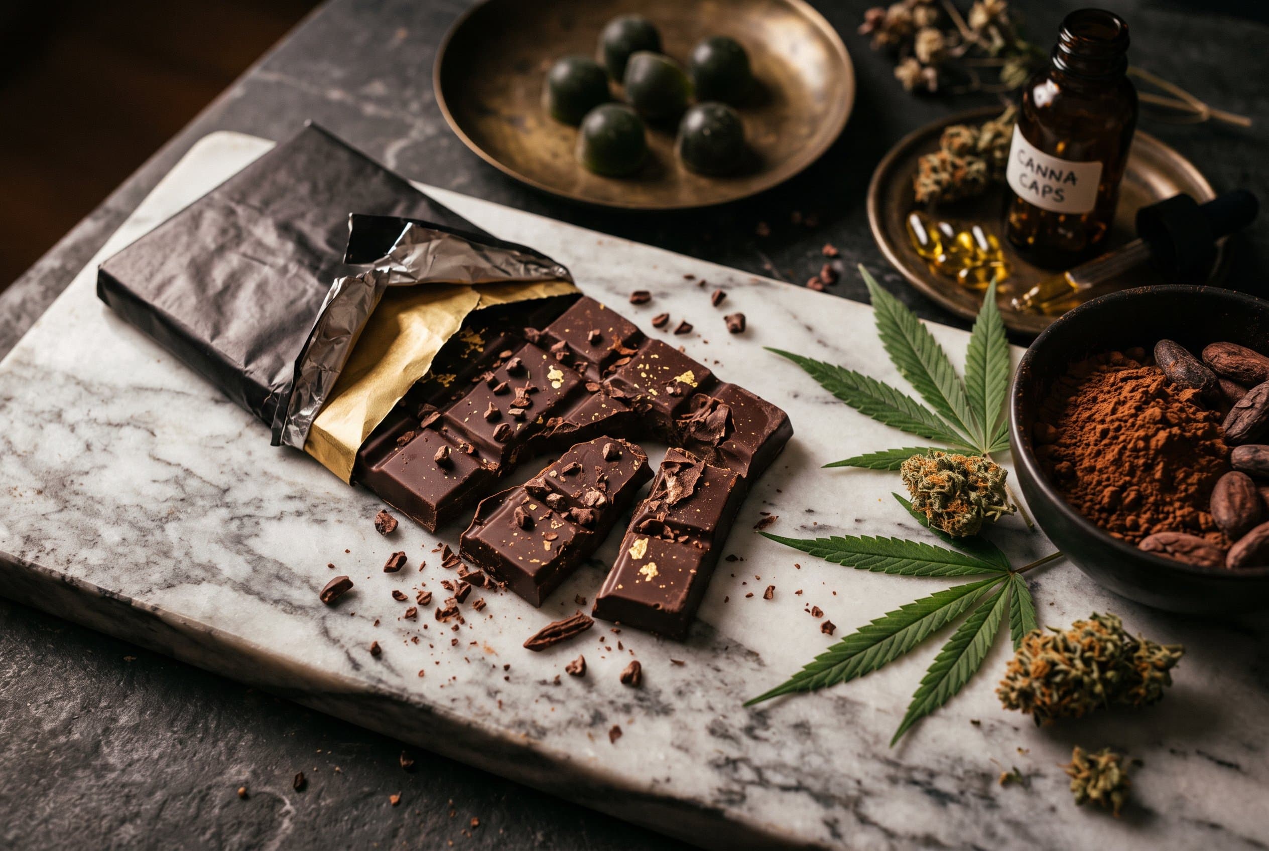 Cannabis gummies vs capsules comparison on wooden surface with products displayed
