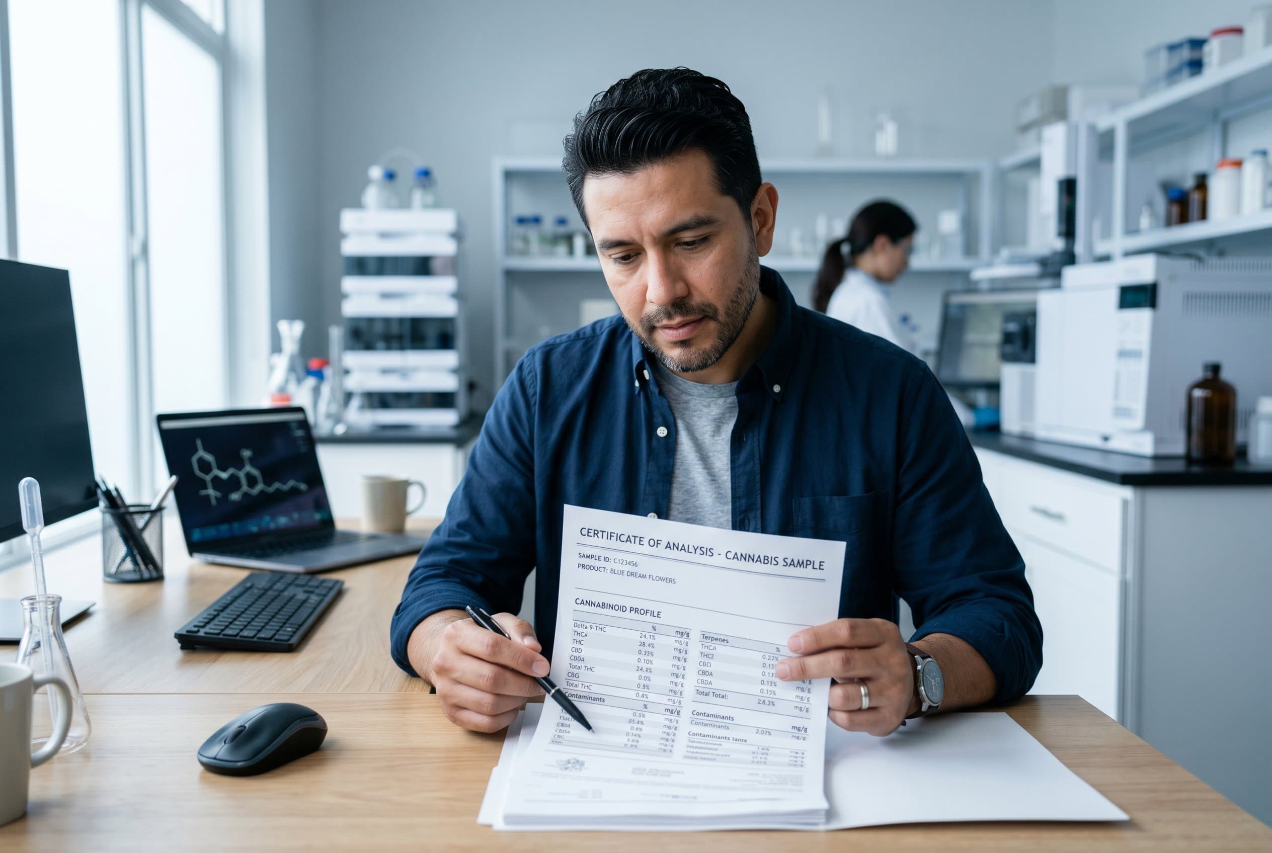 Laboratory technician performing cannabis third-party testing quality analysis