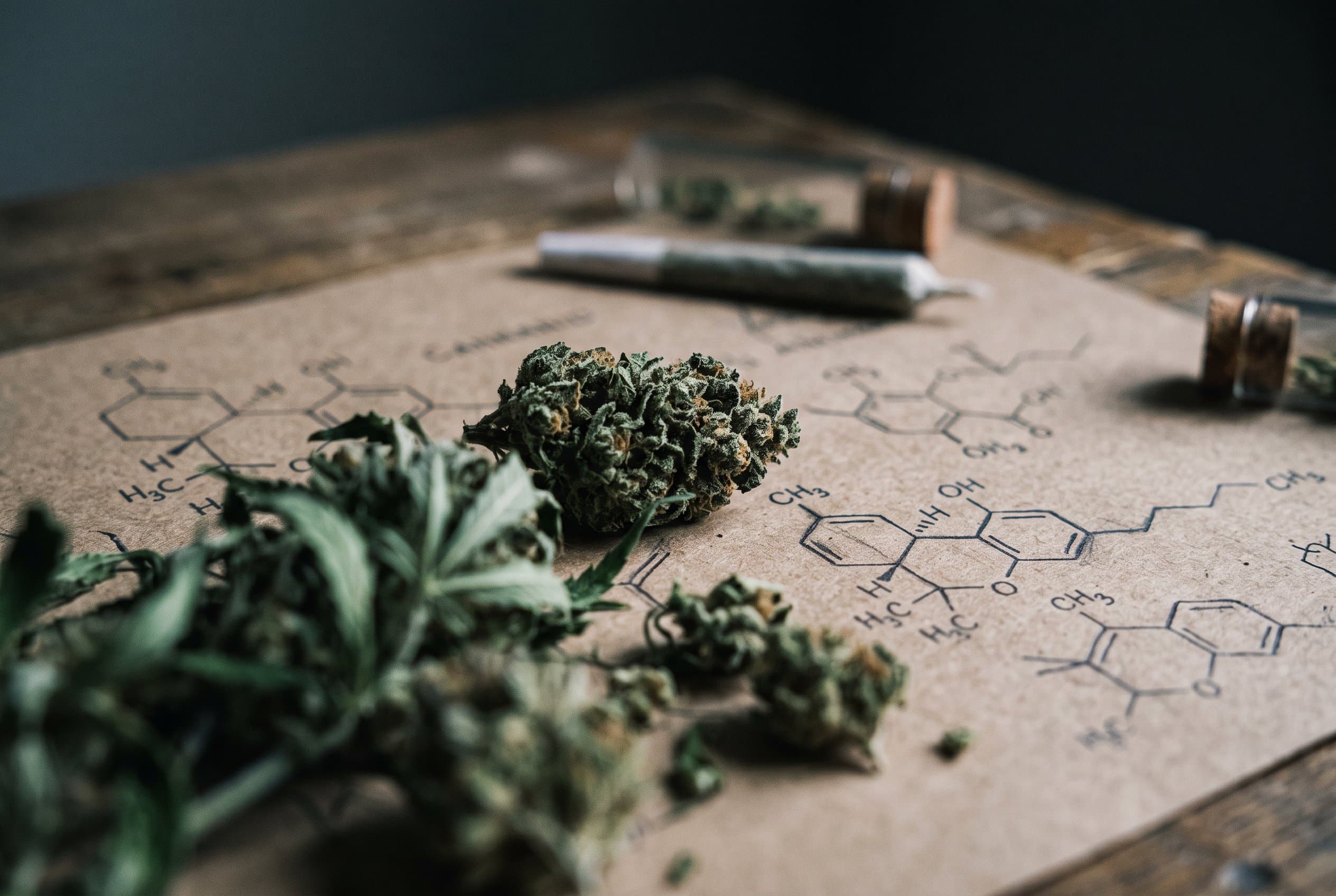 Molecular diagram illustrating cannabis entourage effect with cannabinoids and terpenes