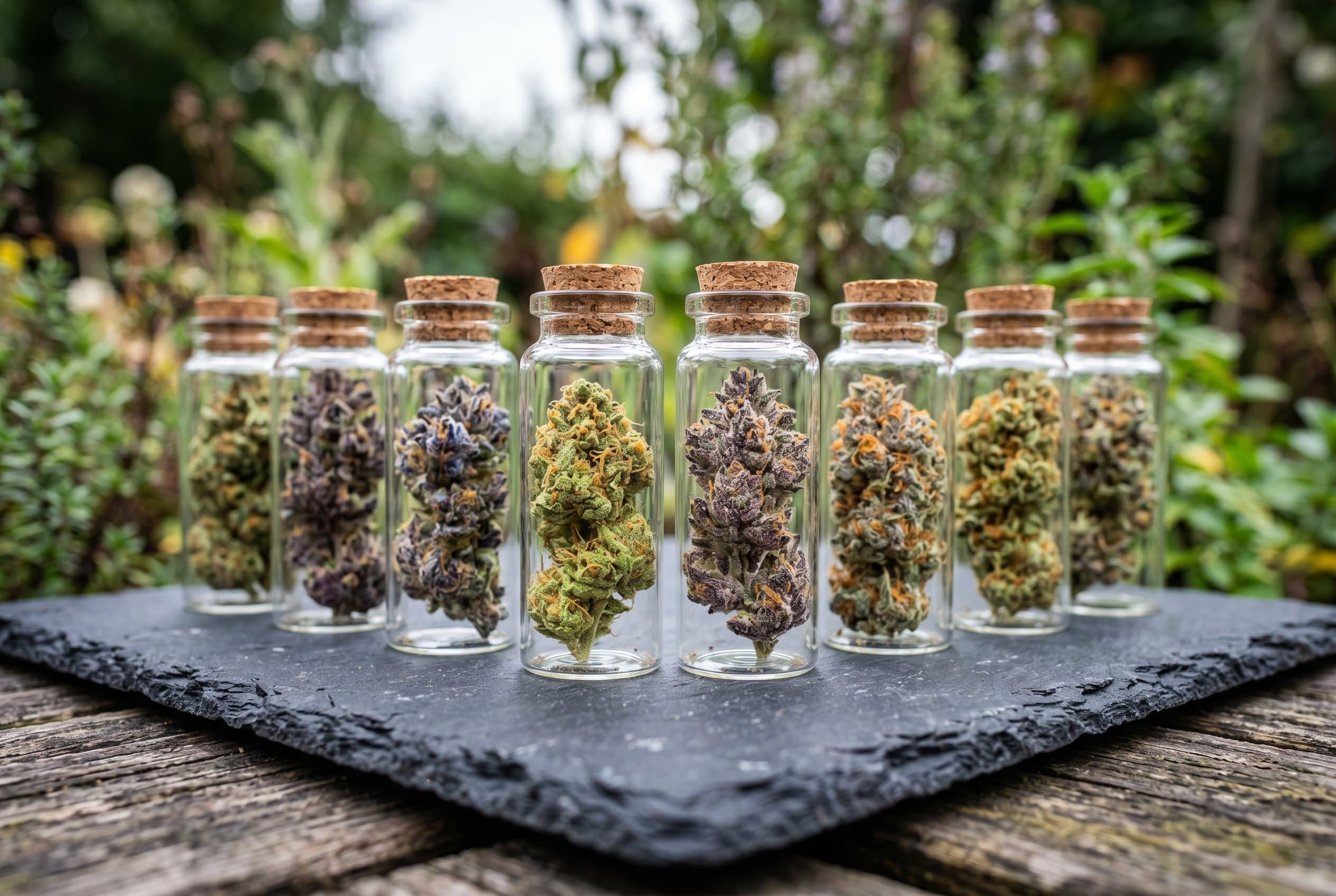 High CBD low THC cannabis strains displayed with product information guide