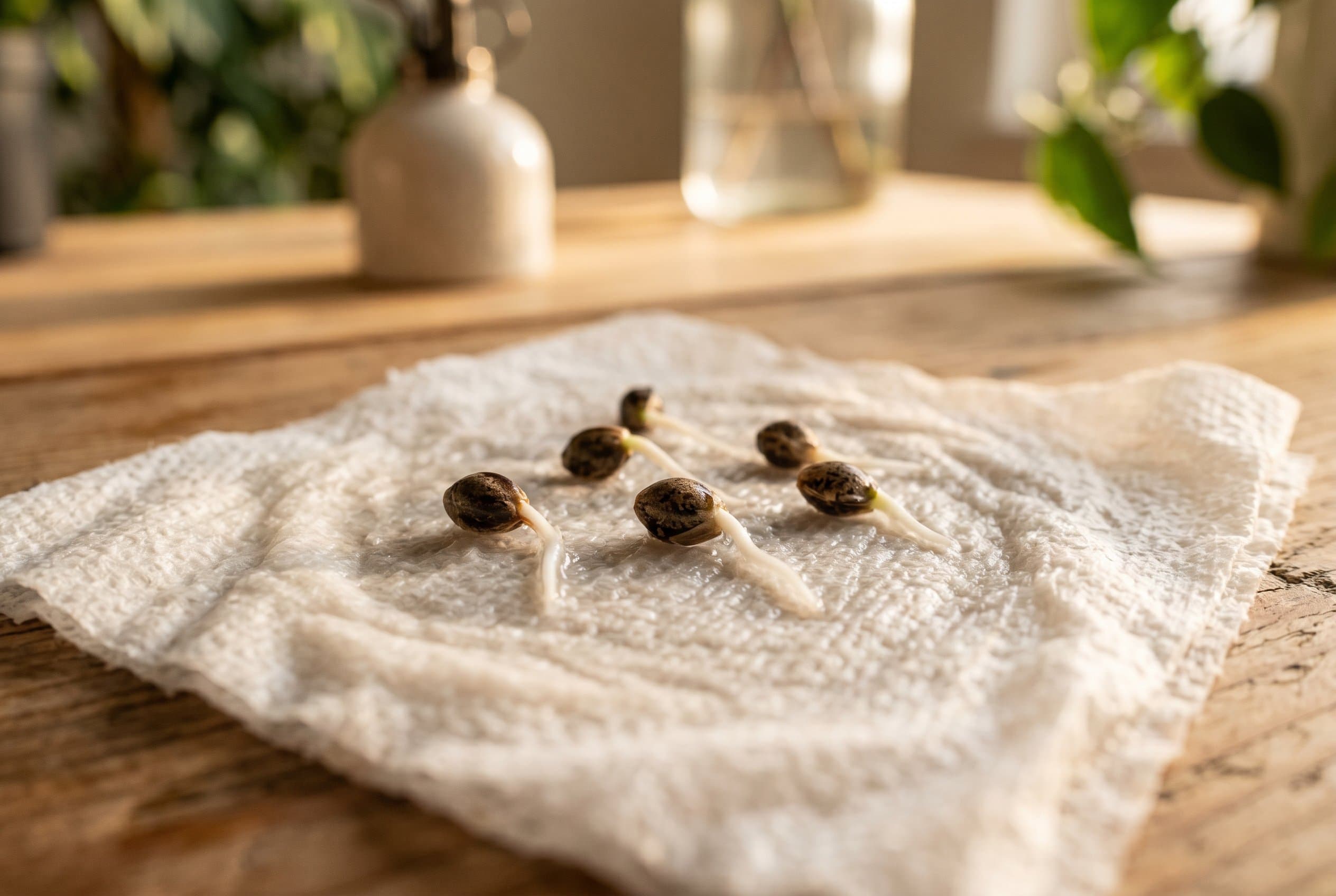 Cannabis seeds germinating using the paper towel method