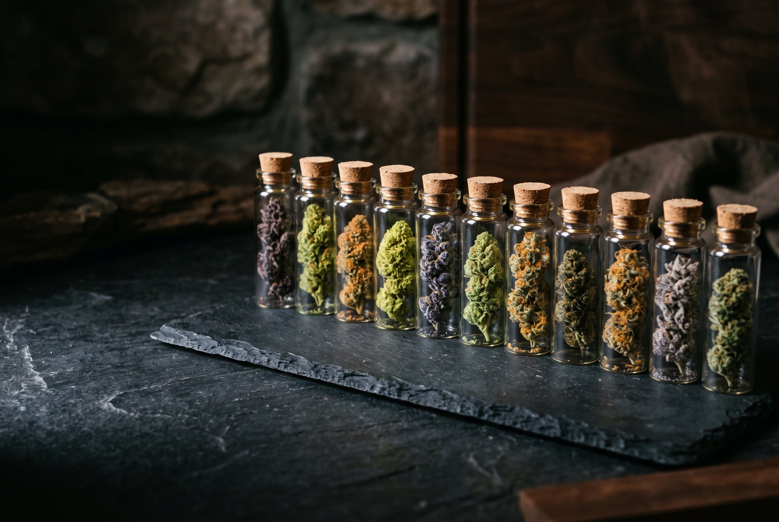 Top 10 cannabis strains 2026 featured in colorful display with different buds and effects highlighted