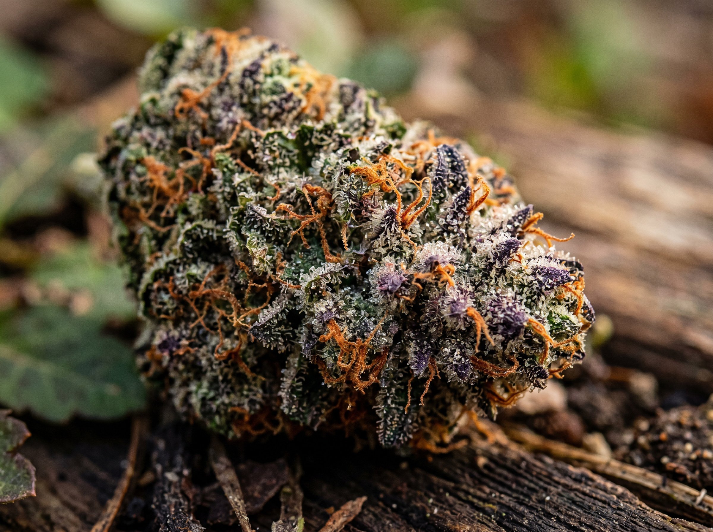 Animal Cookies strain buds displaying dense green and purple coloration with orange hairs