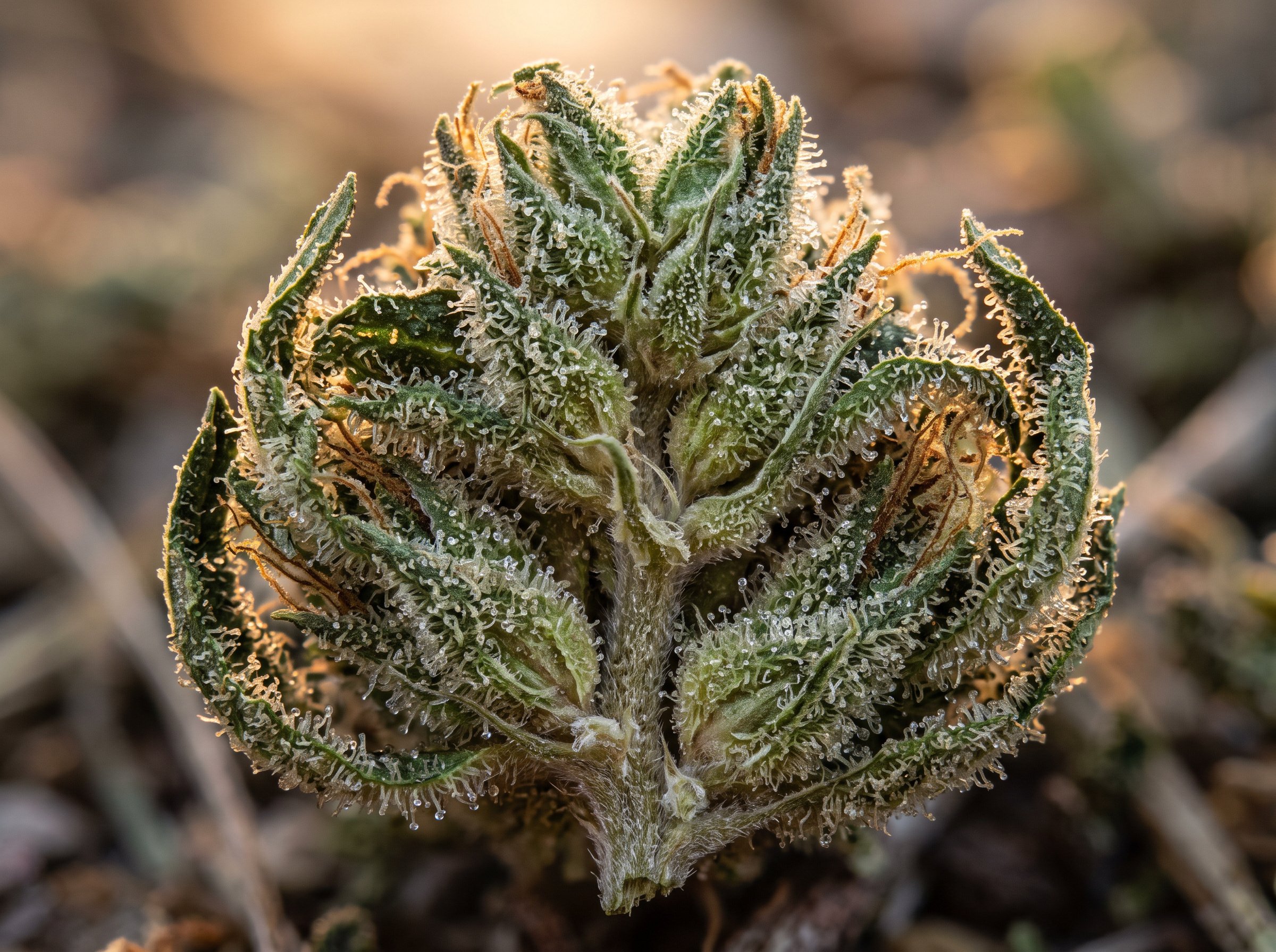 Detailed view of Gorilla Glue 4 cannabis buds coated in white trichomes